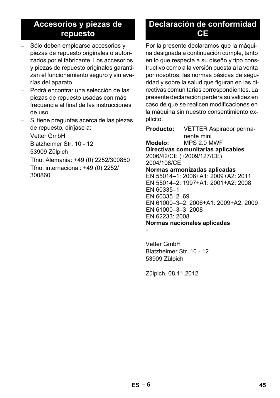 Vetter Mini Permanent Aspirator MPA 2.0 MWF(EU) User Manual | Page 45 / 200