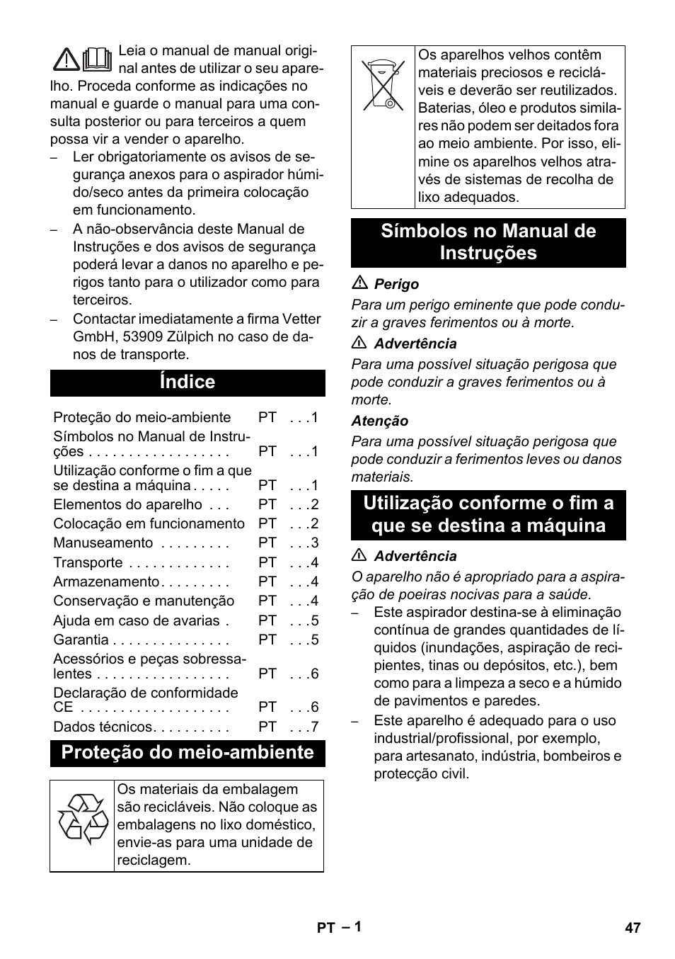 Português, Índice, Proteção do meio-ambiente | Vetter Mini Permanent Aspirator MPA 2.0 MWF(EU) User Manual | Page 47 / 200