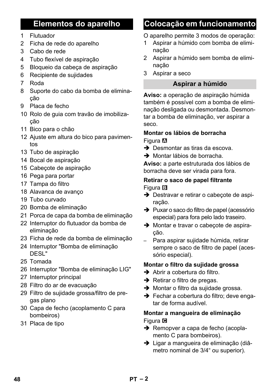 Elementos do aparelho colocação em funcionamento | Vetter Mini Permanent Aspirator MPA 2.0 MWF(EU) User Manual | Page 48 / 200