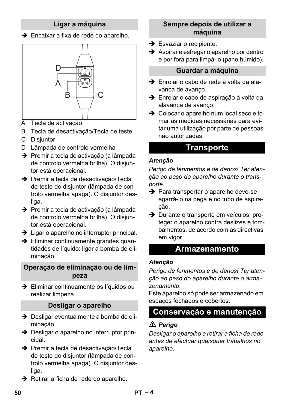 Ad b c, Transporte armazenamento conservação e manutenção | Vetter Mini Permanent Aspirator MPA 2.0 MWF(EU) User Manual | Page 50 / 200