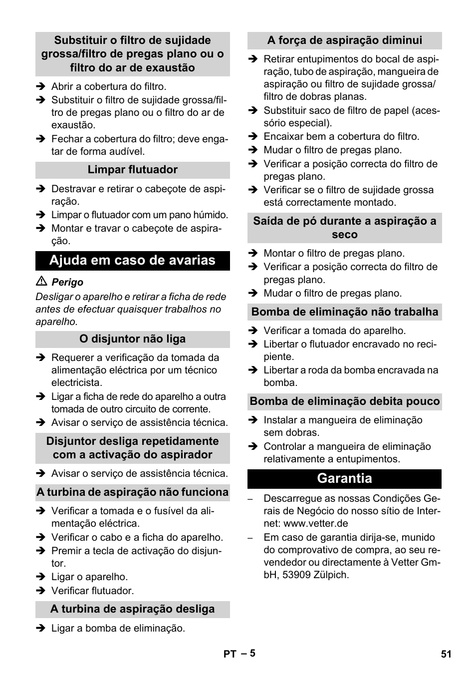 Ajuda em caso de avarias, Garantia | Vetter Mini Permanent Aspirator MPA 2.0 MWF(EU) User Manual | Page 51 / 200