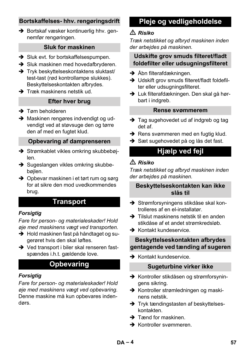 Transport opbevaring pleje og vedligeholdelse, Hjælp ved fejl | Vetter Mini Permanent Aspirator MPA 2.0 MWF(EU) User Manual | Page 57 / 200