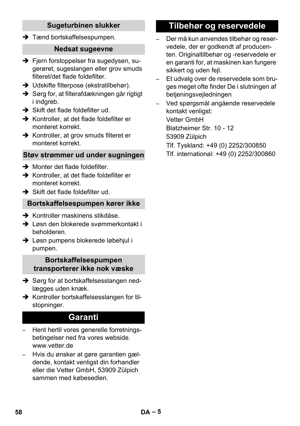 Garanti tilbehør og reservedele | Vetter Mini Permanent Aspirator MPA 2.0 MWF(EU) User Manual | Page 58 / 200