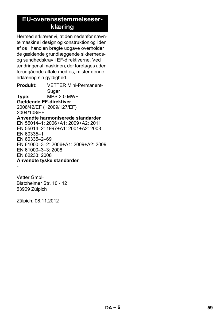 Eu-overensstemmelseser- klæring | Vetter Mini Permanent Aspirator MPA 2.0 MWF(EU) User Manual | Page 59 / 200
