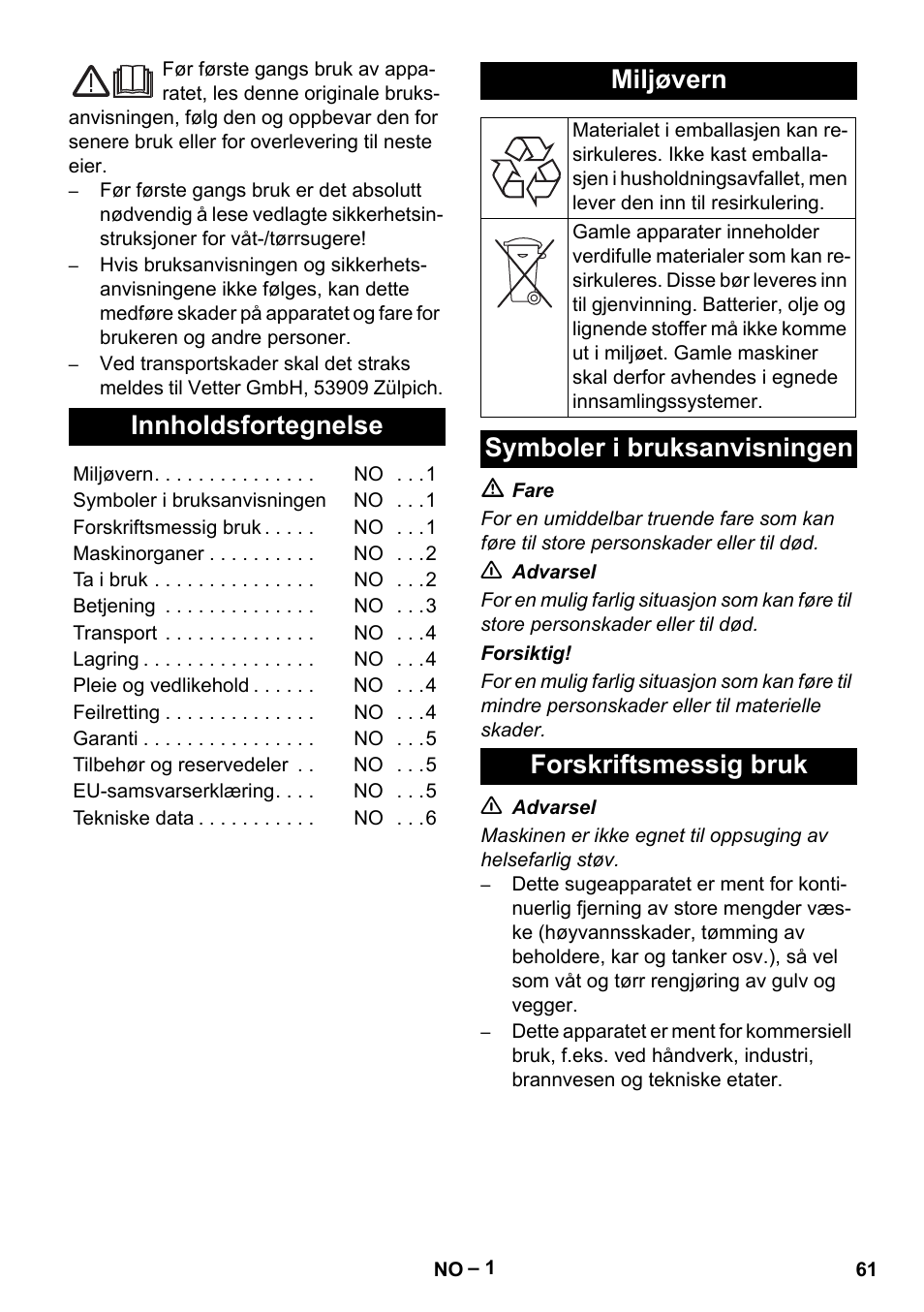 Norsk, Dansk, Innholdsfortegnelse | Miljøvern, Symboler i bruksanvisningen forskriftsmessig bruk | Vetter Mini Permanent Aspirator MPA 2.0 MWF(EU) User Manual | Page 61 / 200