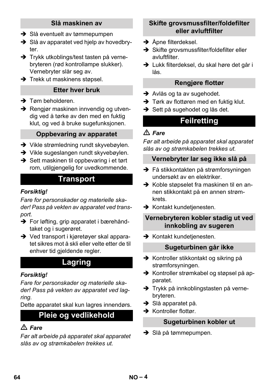 Transport lagring pleie og vedlikehold, Feilretting | Vetter Mini Permanent Aspirator MPA 2.0 MWF(EU) User Manual | Page 64 / 200