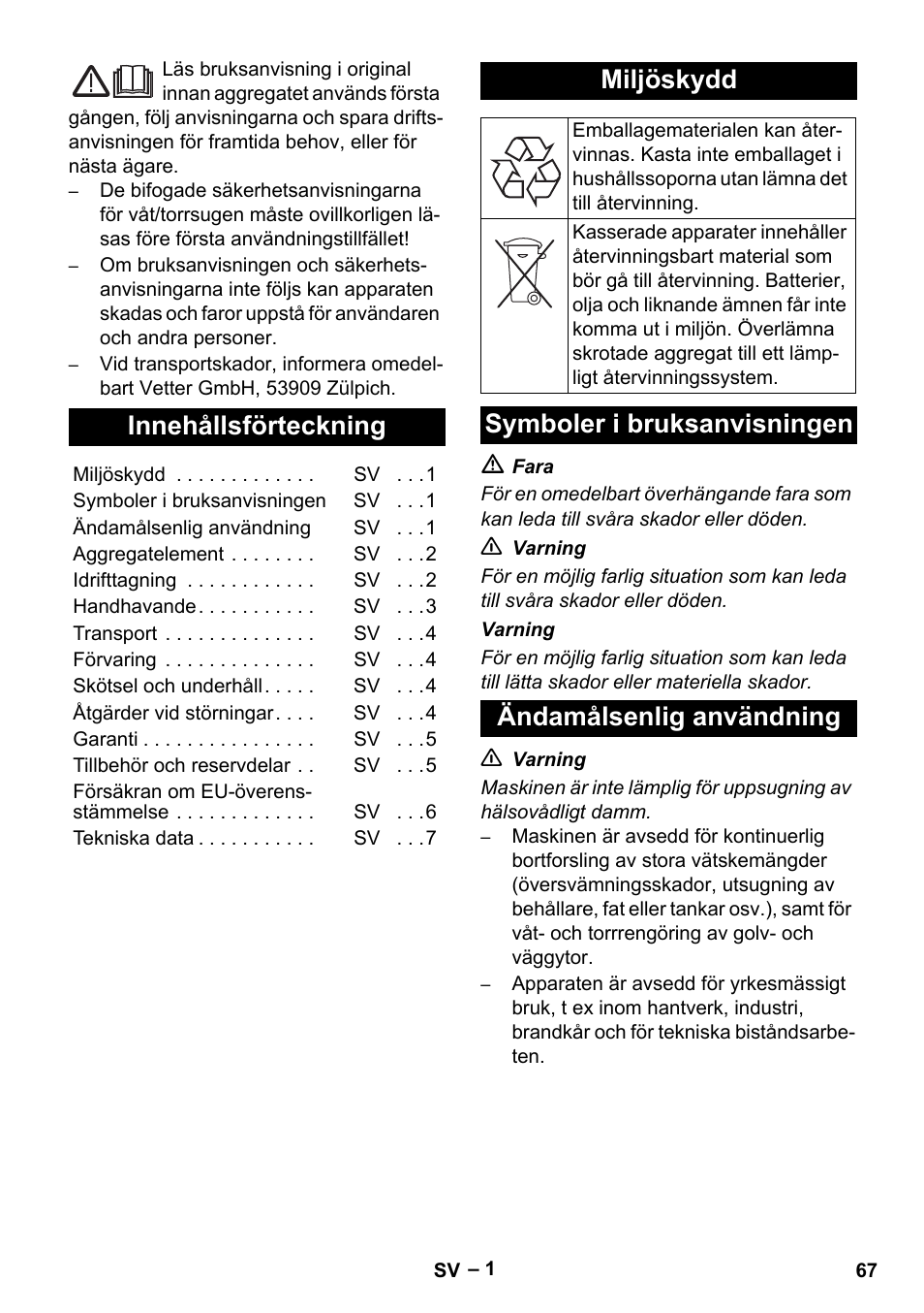 Svenska, Norsk, Innehållsförteckning | Miljöskydd | Vetter Mini Permanent Aspirator MPA 2.0 MWF(EU) User Manual | Page 67 / 200