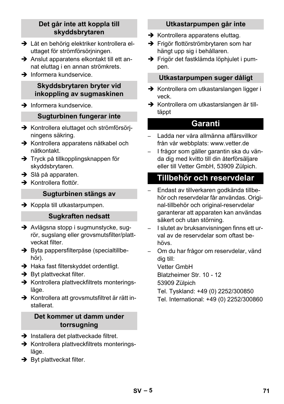 Garanti tillbehör och reservdelar | Vetter Mini Permanent Aspirator MPA 2.0 MWF(EU) User Manual | Page 71 / 200