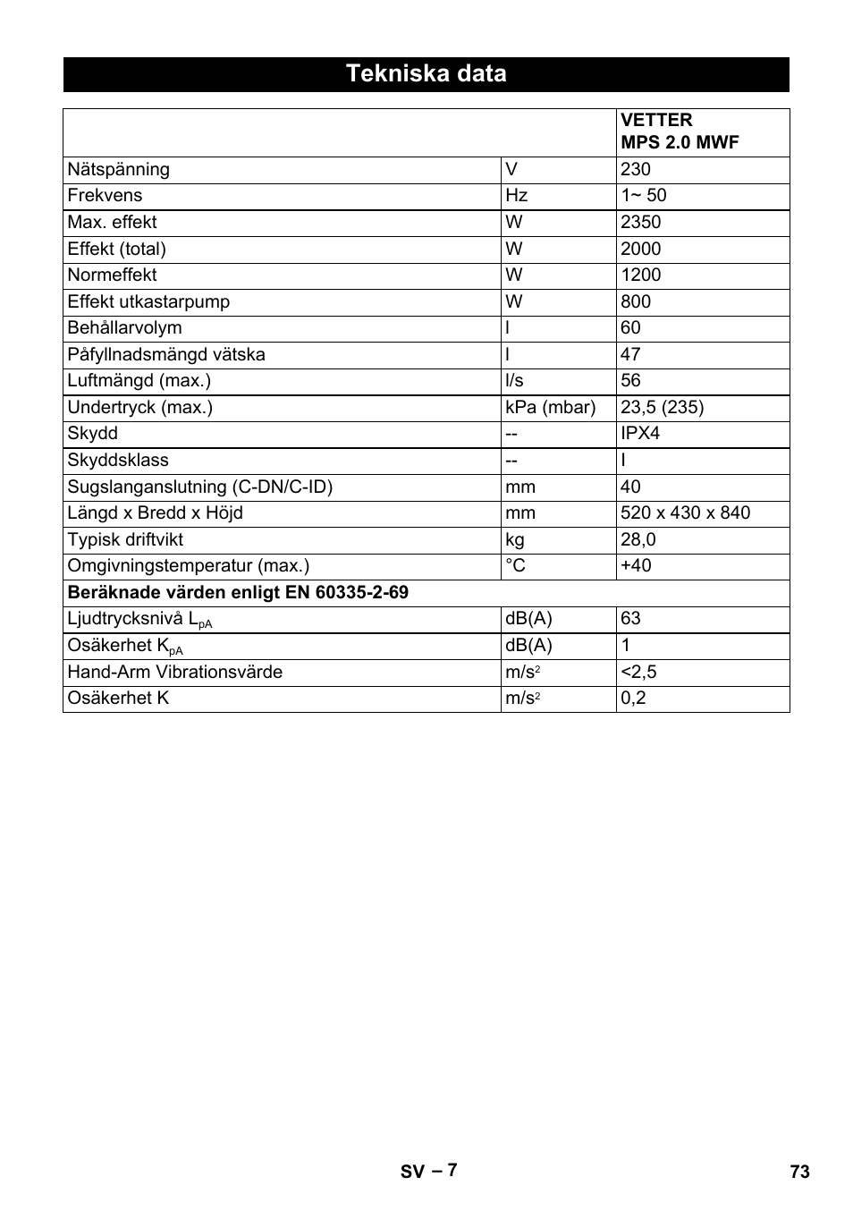 Tekniska data | Vetter Mini Permanent Aspirator MPA 2.0 MWF(EU) User Manual | Page 73 / 200