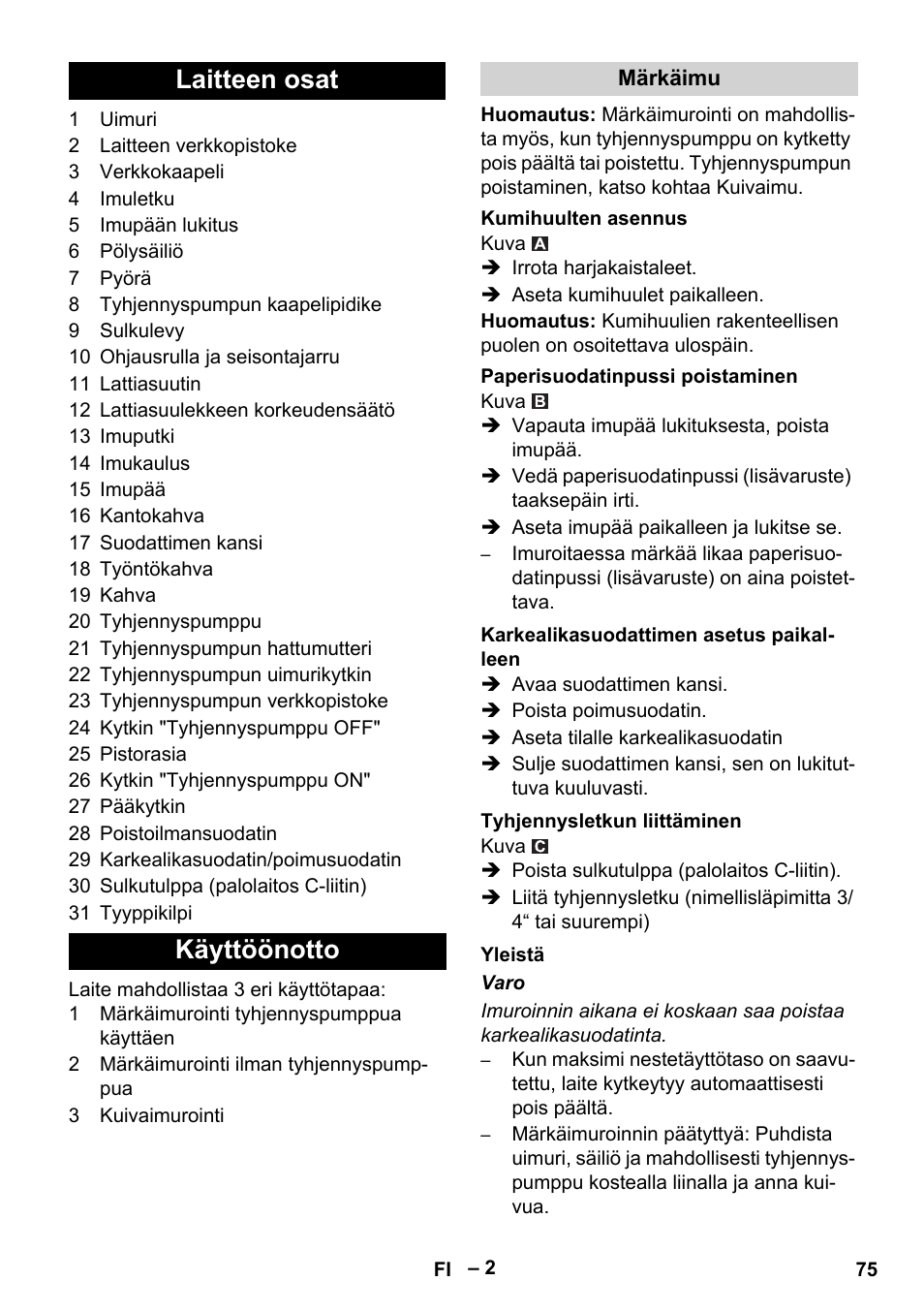 Laitteen osat käyttöönotto | Vetter Mini Permanent Aspirator MPA 2.0 MWF(EU) User Manual | Page 75 / 200