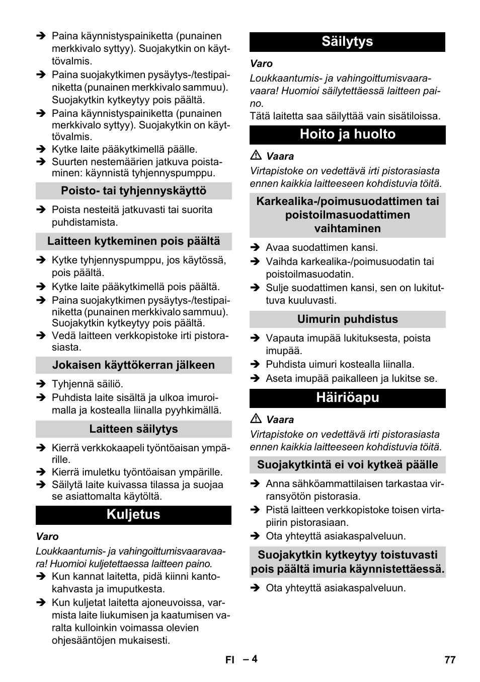 Kuljetus säilytys hoito ja huolto, Häiriöapu | Vetter Mini Permanent Aspirator MPA 2.0 MWF(EU) User Manual | Page 77 / 200