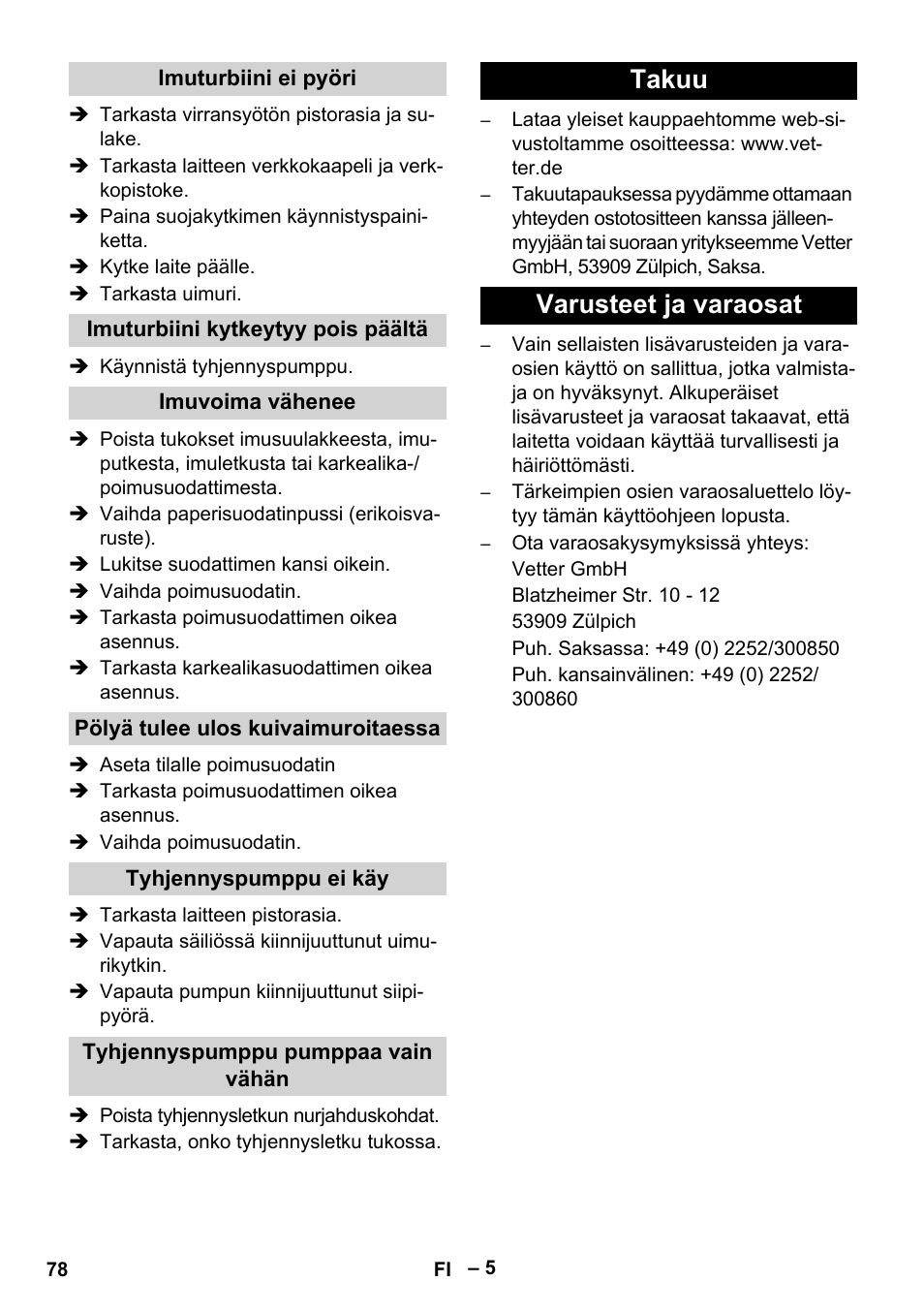 Takuu varusteet ja varaosat | Vetter Mini Permanent Aspirator MPA 2.0 MWF(EU) User Manual | Page 78 / 200