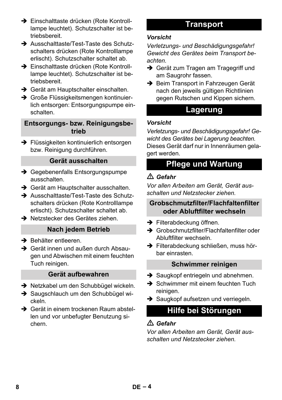 Transport lagerung pflege und wartung, Hilfe bei störungen | Vetter Mini Permanent Aspirator MPA 2.0 MWF(EU) User Manual | Page 8 / 200