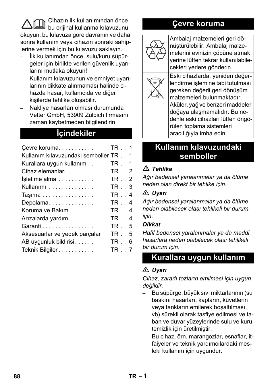 Türkçe, Ελληνικά, Içindekiler | Çevre koruma | Vetter Mini Permanent Aspirator MPA 2.0 MWF(EU) User Manual | Page 88 / 200