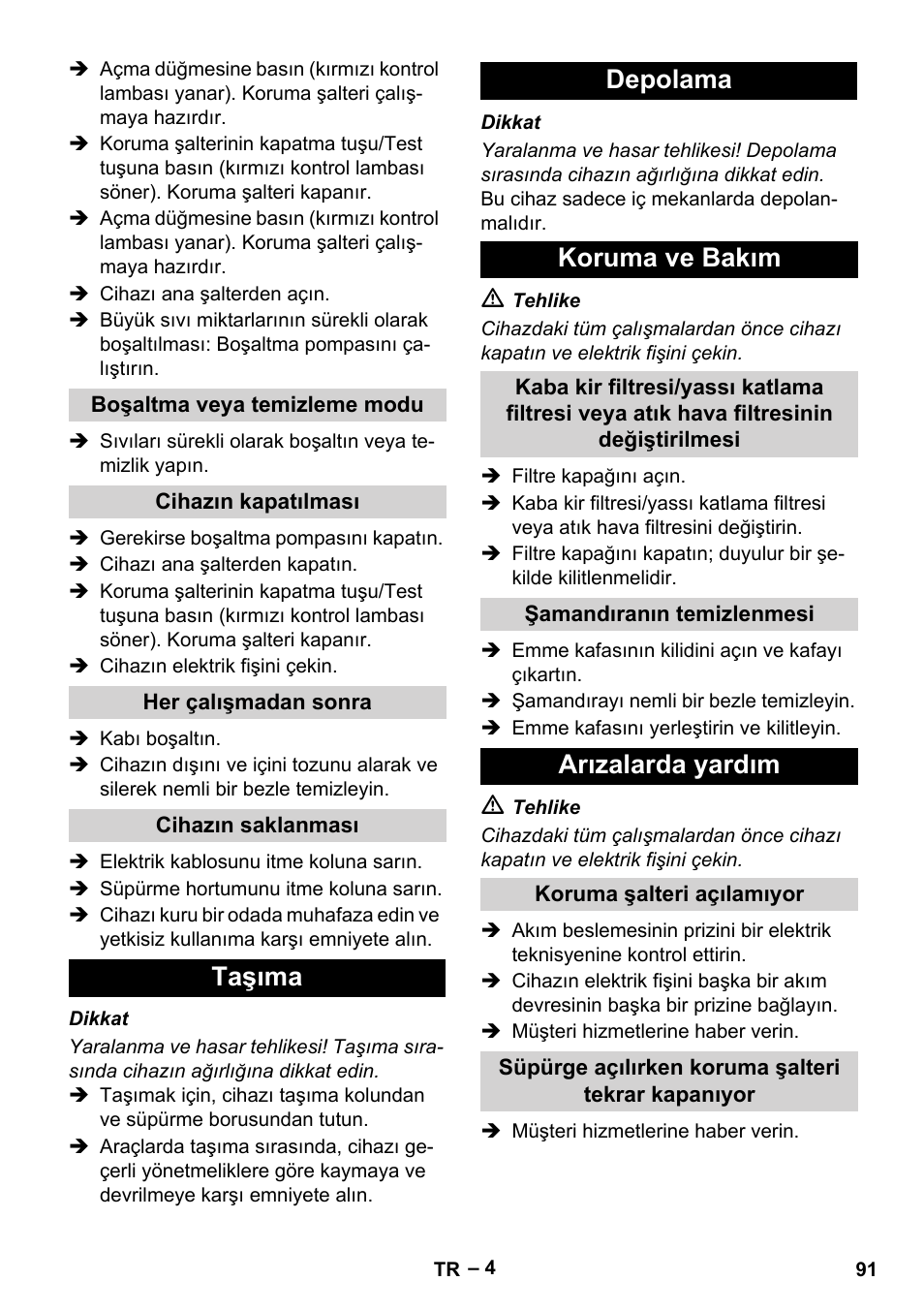 Taşıma depolama koruma ve bakım, Arızalarda yardım | Vetter Mini Permanent Aspirator MPA 2.0 MWF(EU) User Manual | Page 91 / 200