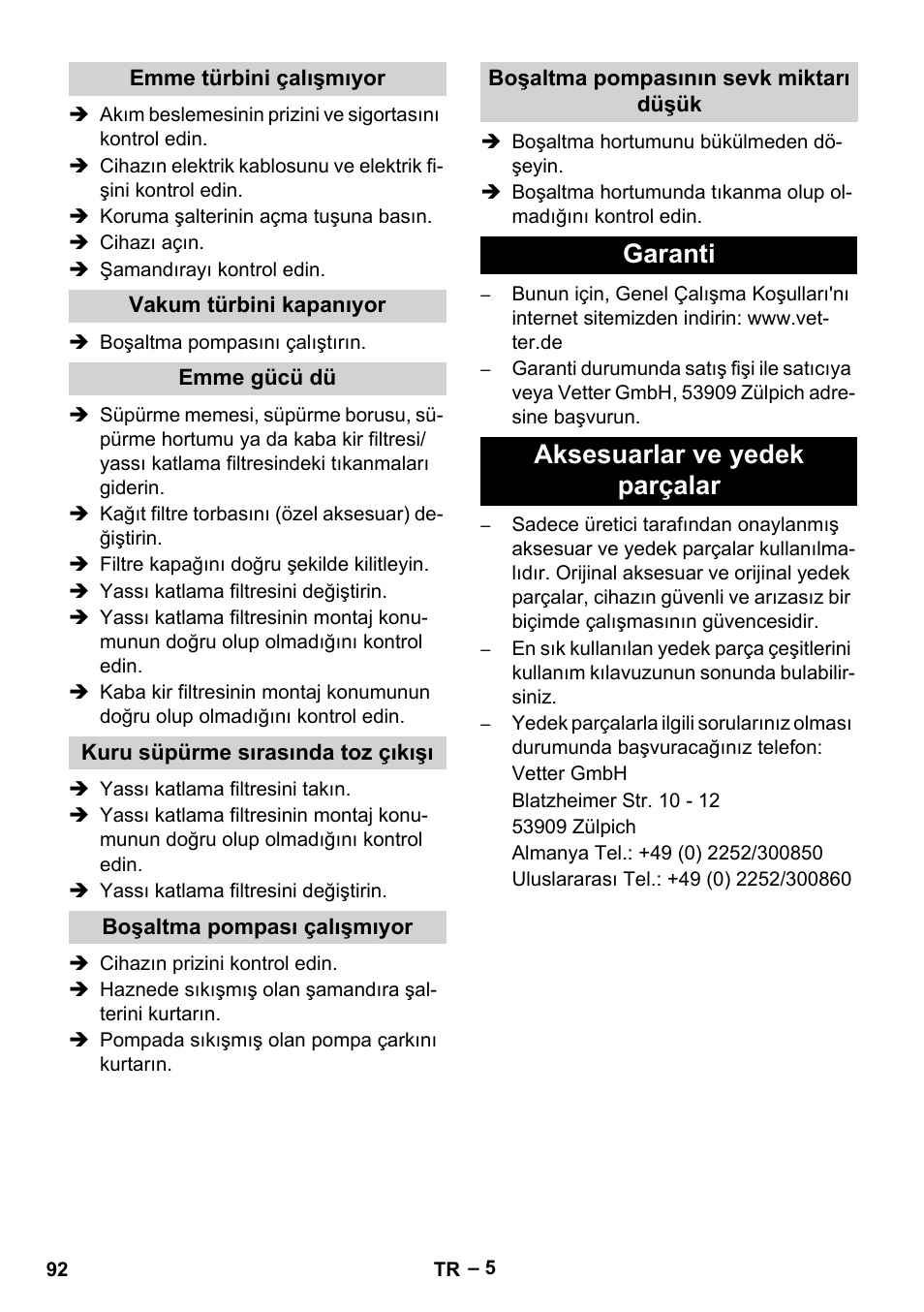 Garanti aksesuarlar ve yedek parçalar | Vetter Mini Permanent Aspirator MPA 2.0 MWF(EU) User Manual | Page 92 / 200