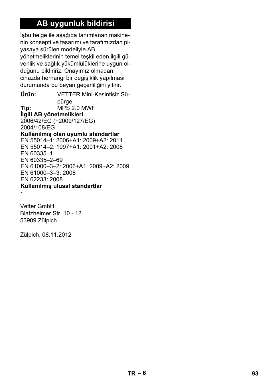 Ab uygunluk bildirisi | Vetter Mini Permanent Aspirator MPA 2.0 MWF(EU) User Manual | Page 93 / 200