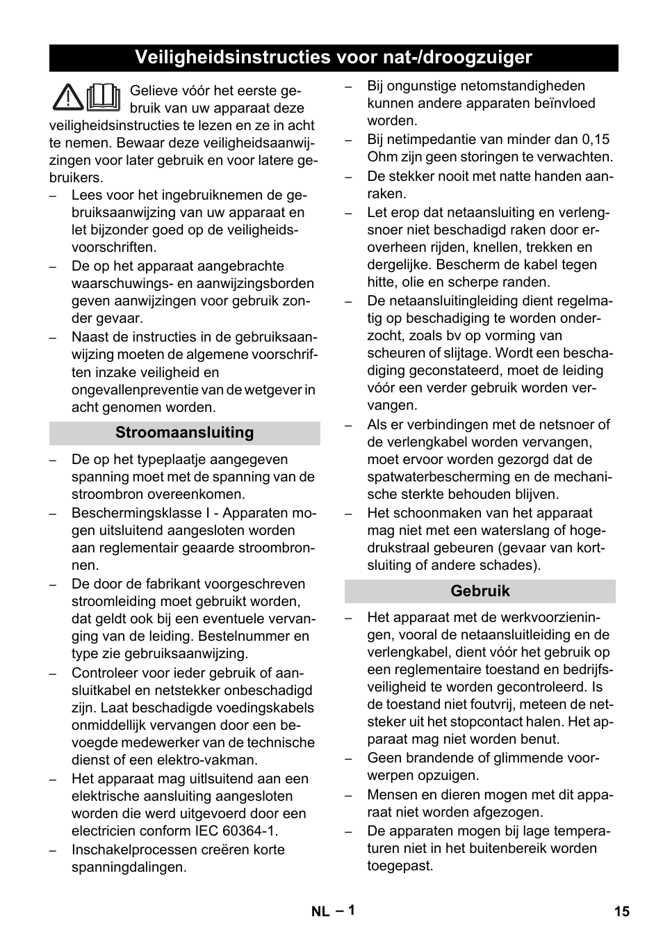 Nederlands, Dansk, Veiligheidsinstructies voor nat-/droogzuiger | Vetter Mini Permanent Aspirator MPA 2.0 MWF(EU) Safety User Manual | Page 15 / 96