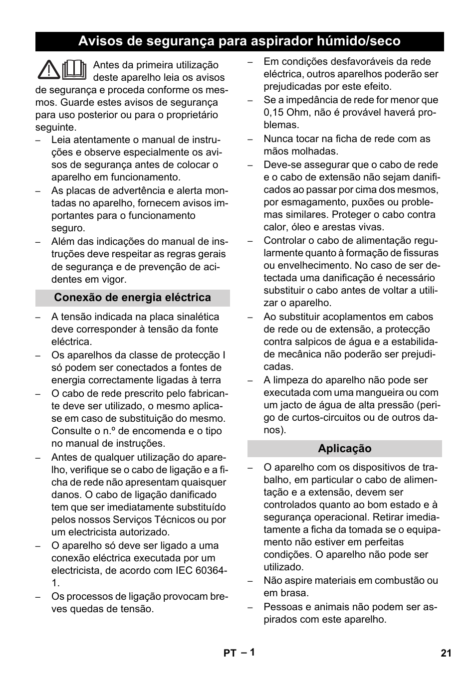 Português, Svenska, Avisos de segurança para aspirador húmido/seco | Vetter Mini Permanent Aspirator MPA 2.0 MWF(EU) Safety User Manual | Page 21 / 96