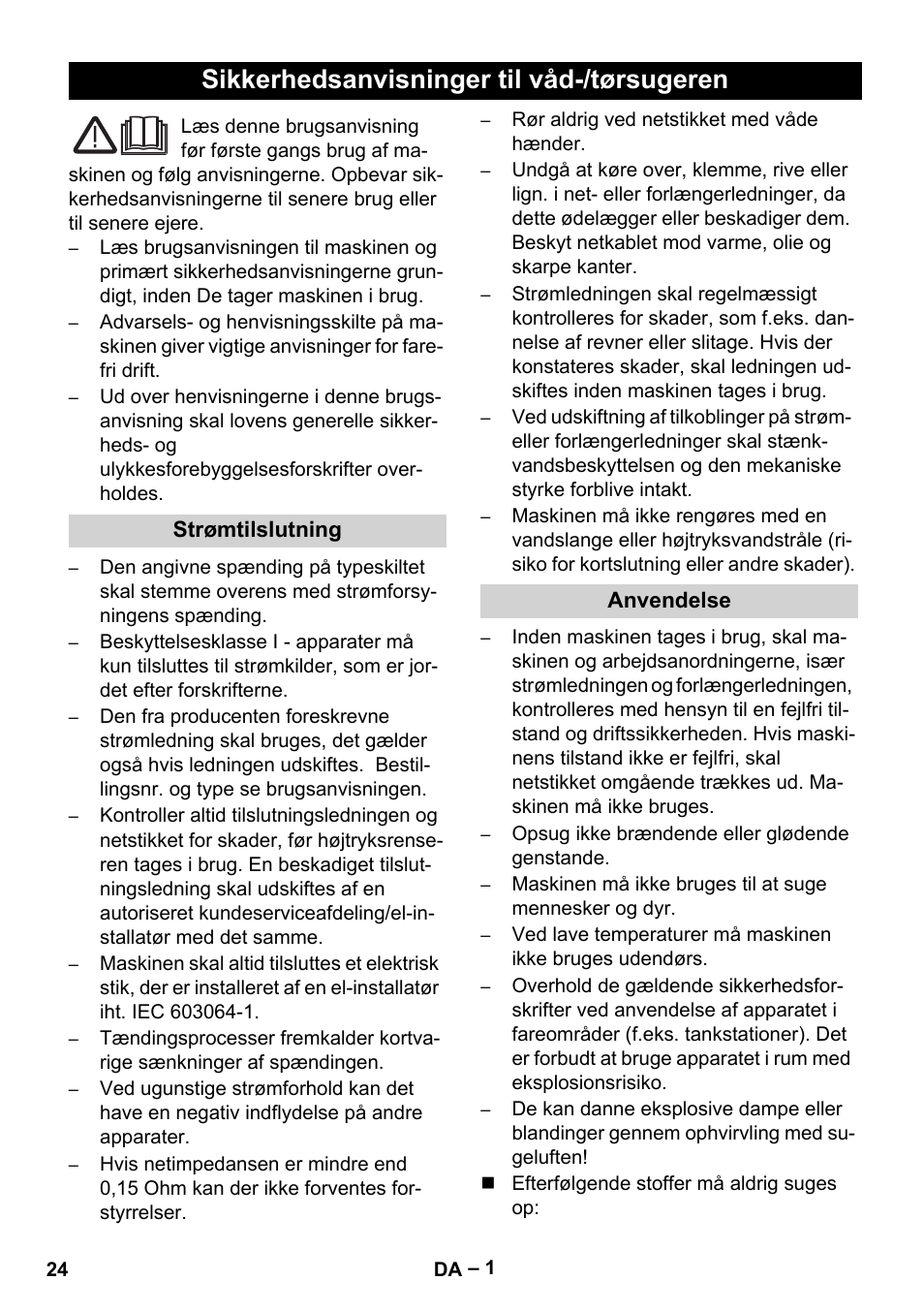 Dansk, Suomi, Sikkerhedsanvisninger til våd-/tørsugeren | Vetter Mini Permanent Aspirator MPA 2.0 MWF(EU) Safety User Manual | Page 24 / 96
