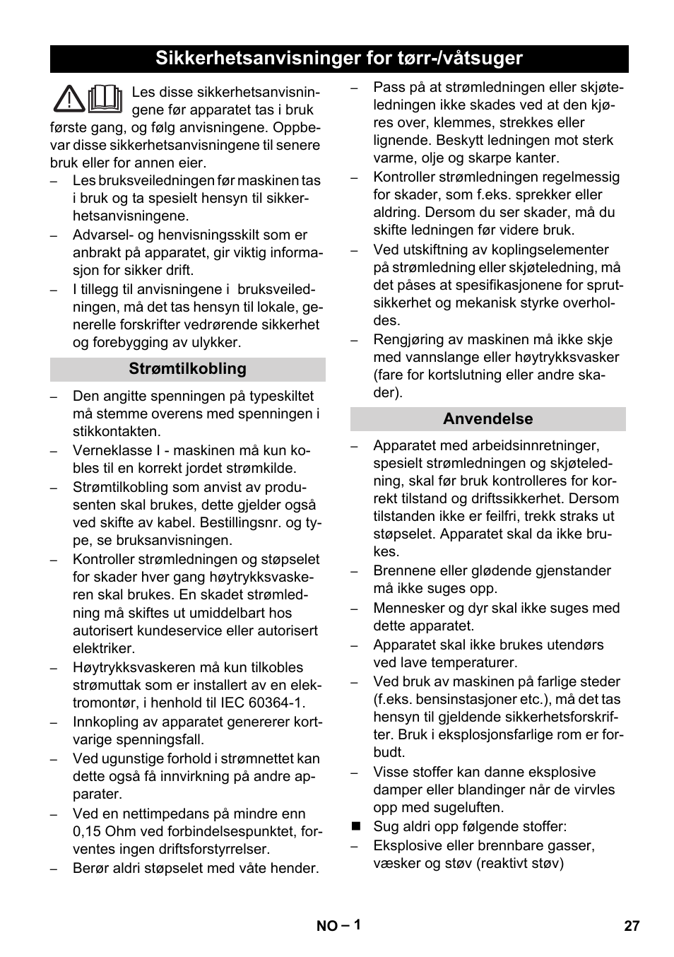 Norsk, Ελληνικά, Sikkerhetsanvisninger for tørr-/våtsuger | Vetter Mini Permanent Aspirator MPA 2.0 MWF(EU) Safety User Manual | Page 27 / 96