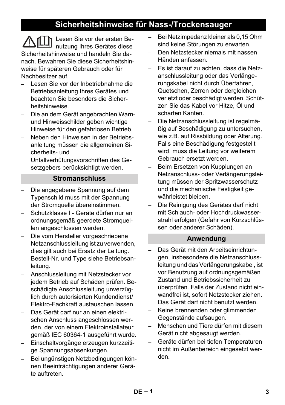 Deutsch, Italiano, Sicherheitshinweise für nass-/trockensauger | Vetter Mini Permanent Aspirator MPA 2.0 MWF(EU) Safety User Manual | Page 3 / 96