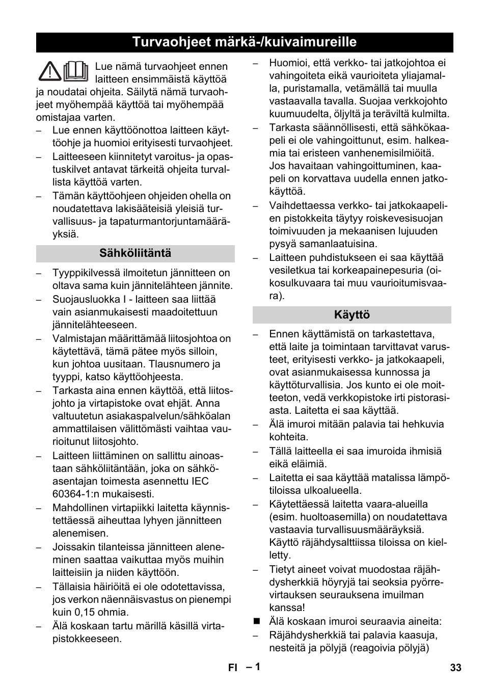 Suomi, Русский, Turvaohjeet märkä-/kuivaimureille | Vetter Mini Permanent Aspirator MPA 2.0 MWF(EU) Safety User Manual | Page 33 / 96