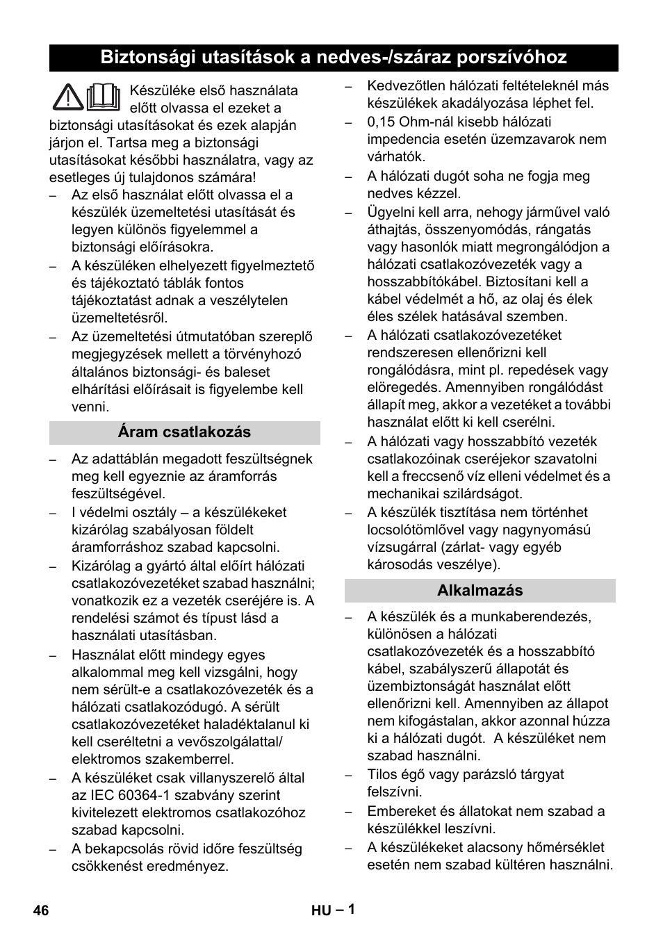 Magyar, Polski, Biztonsági utasítások a nedves-/száraz porszívóhoz | Vetter Mini Permanent Aspirator MPA 2.0 MWF(EU) Safety User Manual | Page 46 / 96
