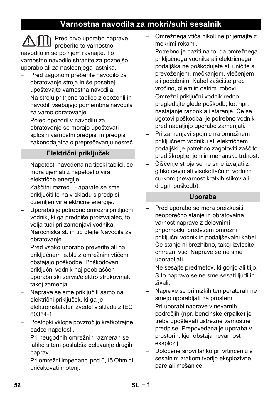 Slovenščina, Slovenčina, Slovenšina | Varnostna navodila za mokri/suhi sesalnik | Vetter Mini Permanent Aspirator MPA 2.0 MWF(EU) Safety User Manual | Page 52 / 96