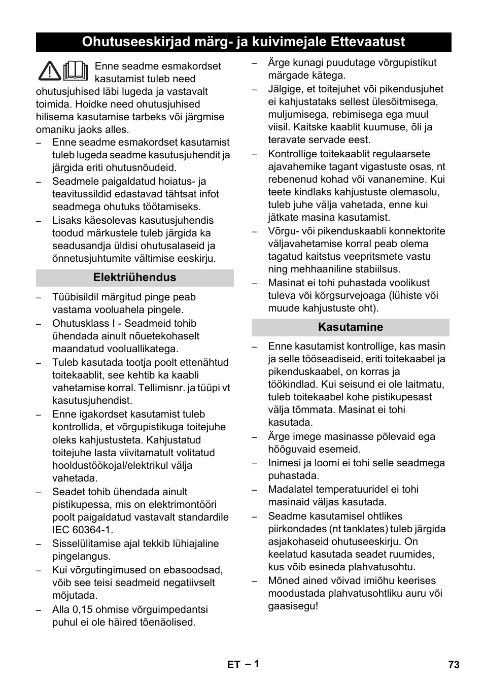 Eesti, Українська, Ohutuseeskirjad märg- ja kuivimejale ettevaatust | Vetter Mini Permanent Aspirator MPA 2.0 MWF(EU) Safety User Manual | Page 73 / 96