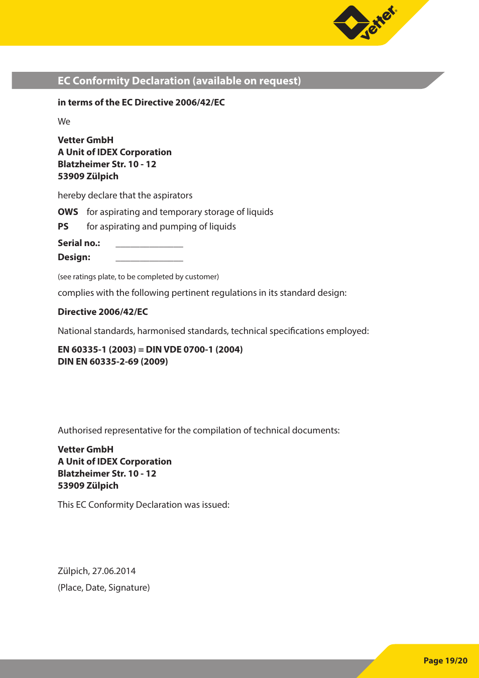Vetter Permanent aspirator User Manual | Page 19 / 35