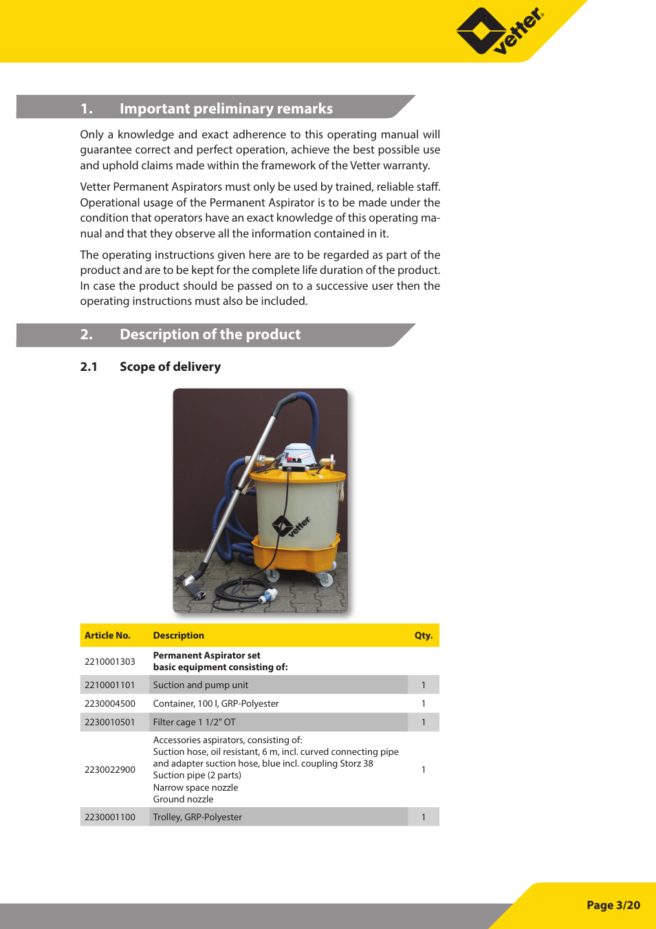 Important preliminary remarks, Description of the product, 1 scope of delivery | Vetter Permanent aspirator User Manual | Page 3 / 35