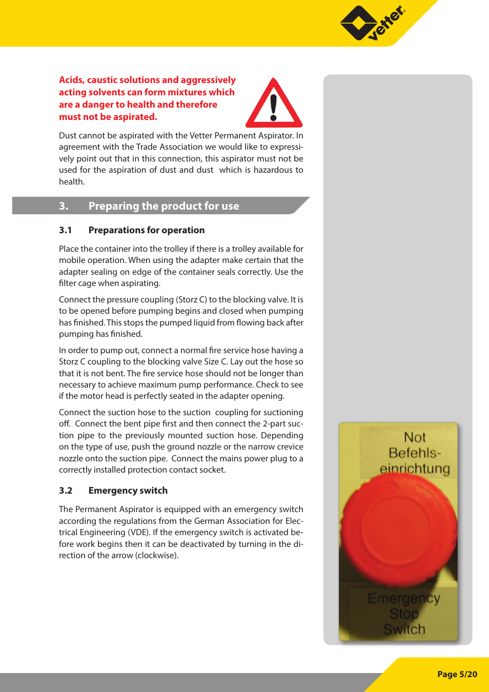 Preparing the product for use | Vetter Permanent aspirator User Manual | Page 5 / 35