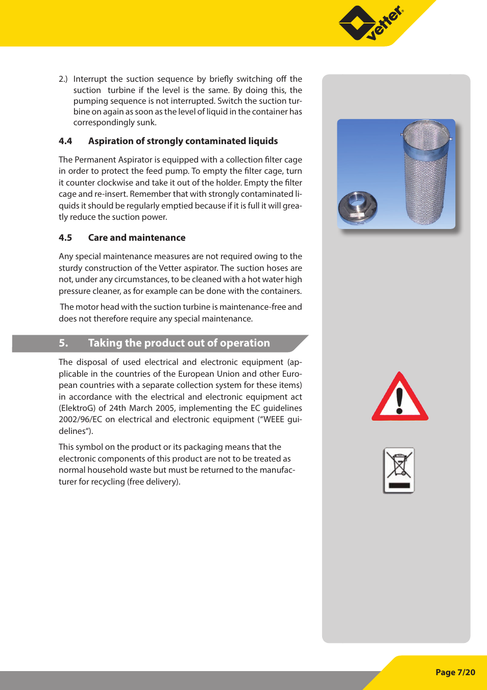 Taking the product out of operation | Vetter Permanent aspirator User Manual | Page 7 / 35