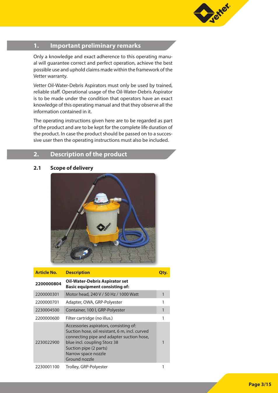 Important preliminary remarks, Description of the product | Vetter Oil water debris aspirator User Manual | Page 3 / 30