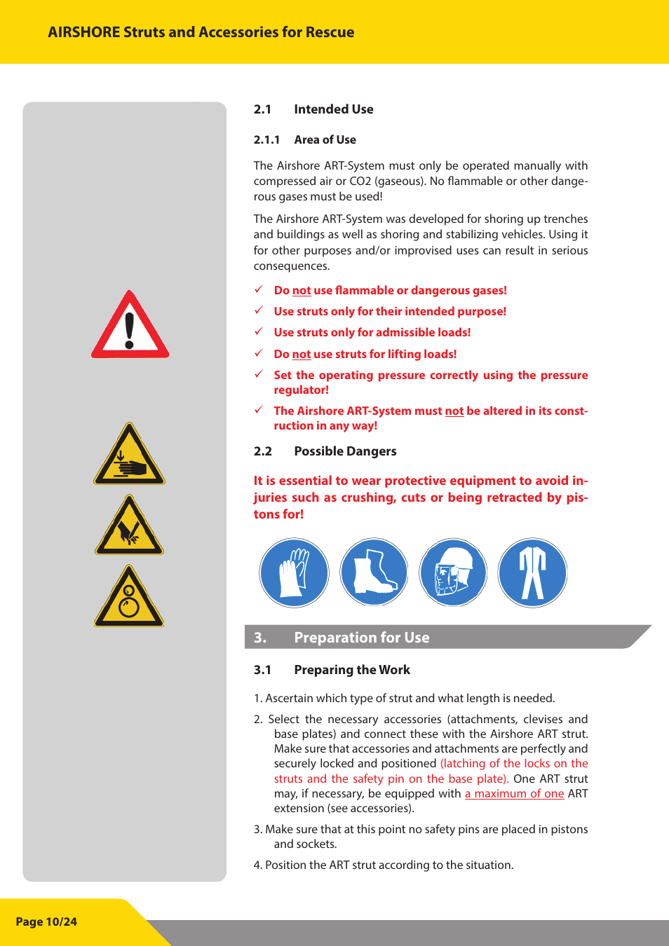 Airshore struts and accessories for rescue, Preparation for use | Vetter Struts and Accessories User Manual | Page 10 / 24