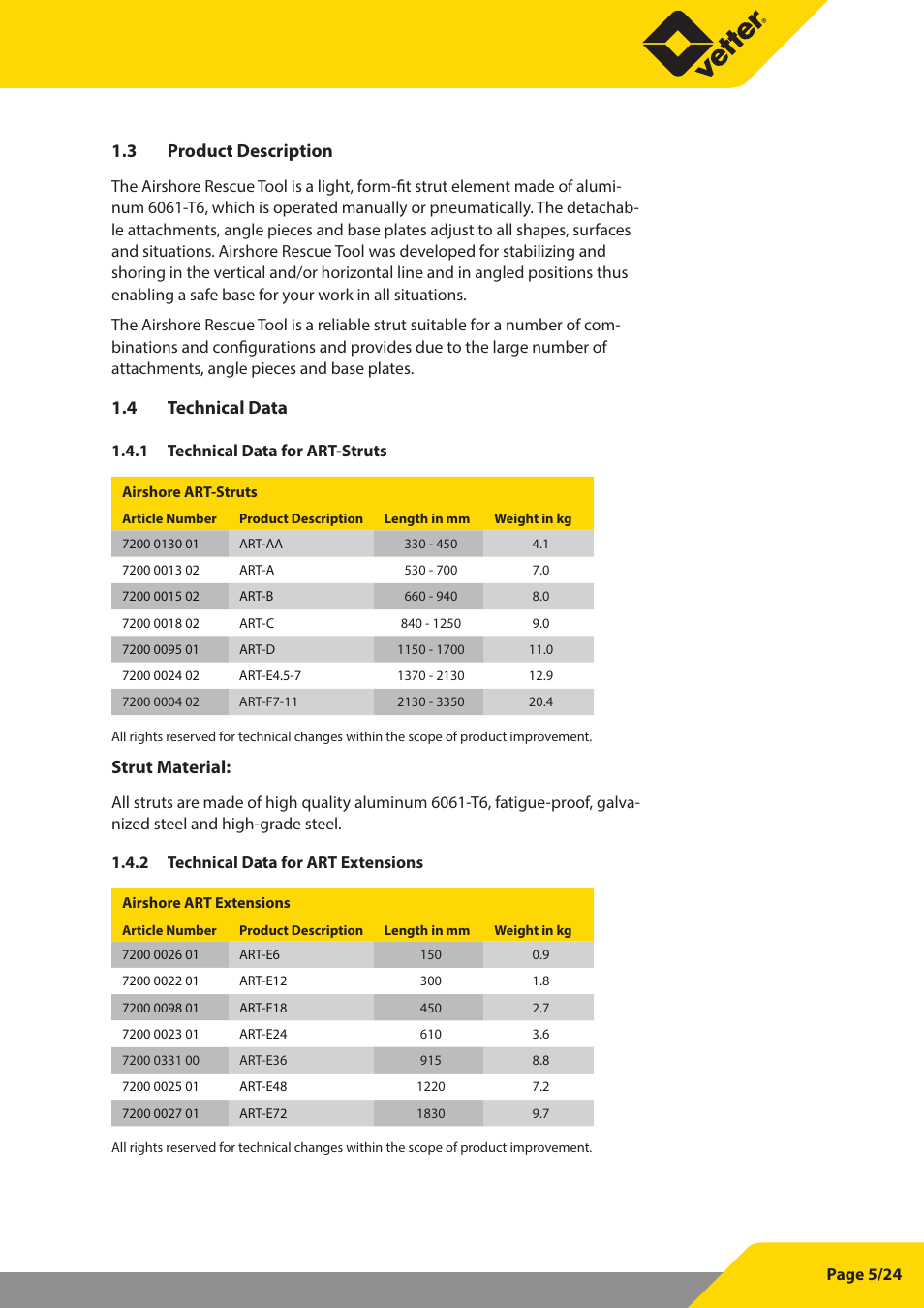 3 product description, 4 technical data, Strut material | Vetter Struts and Accessories User Manual | Page 5 / 24