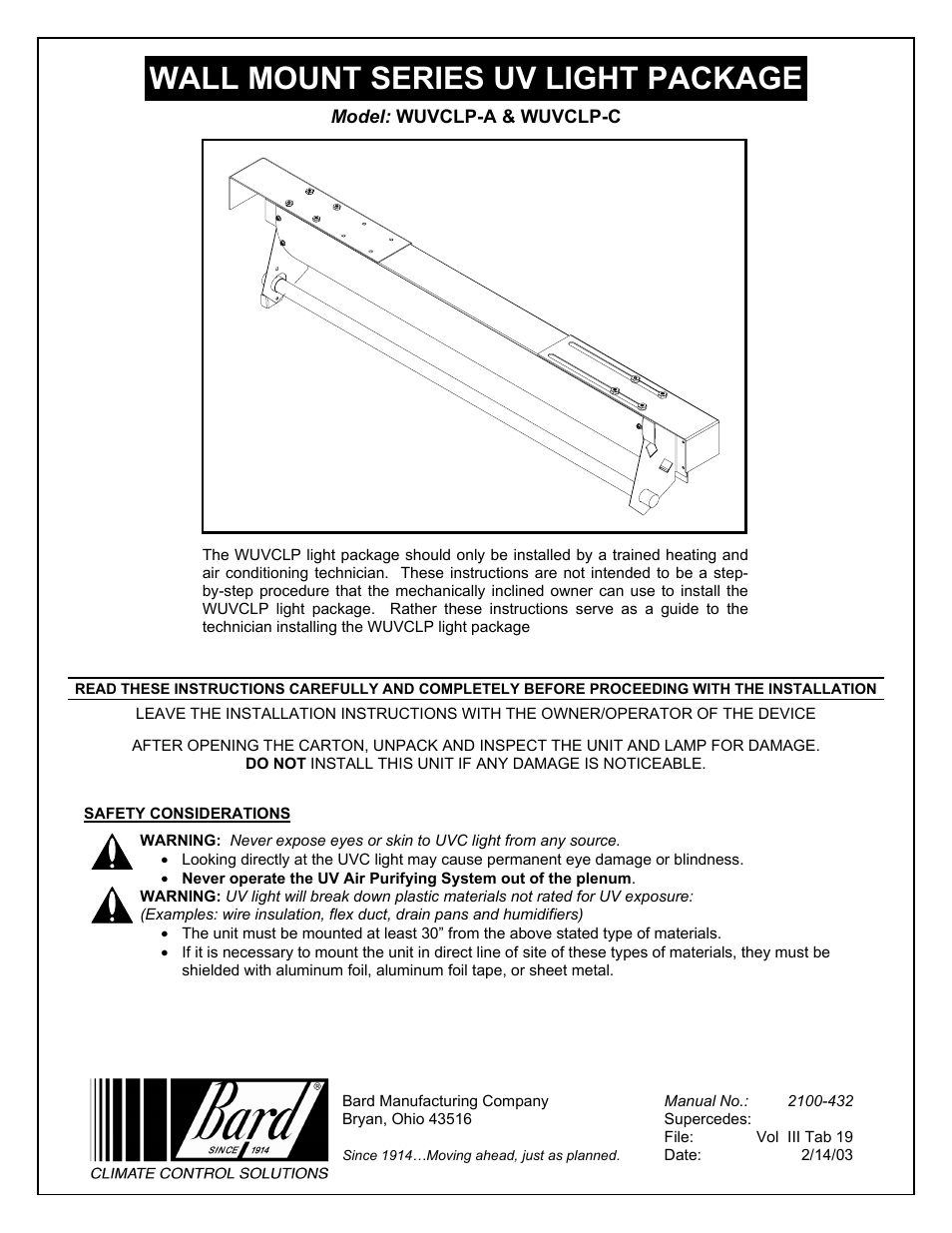 Bard WUVCLP-A User Manual | 12 pages