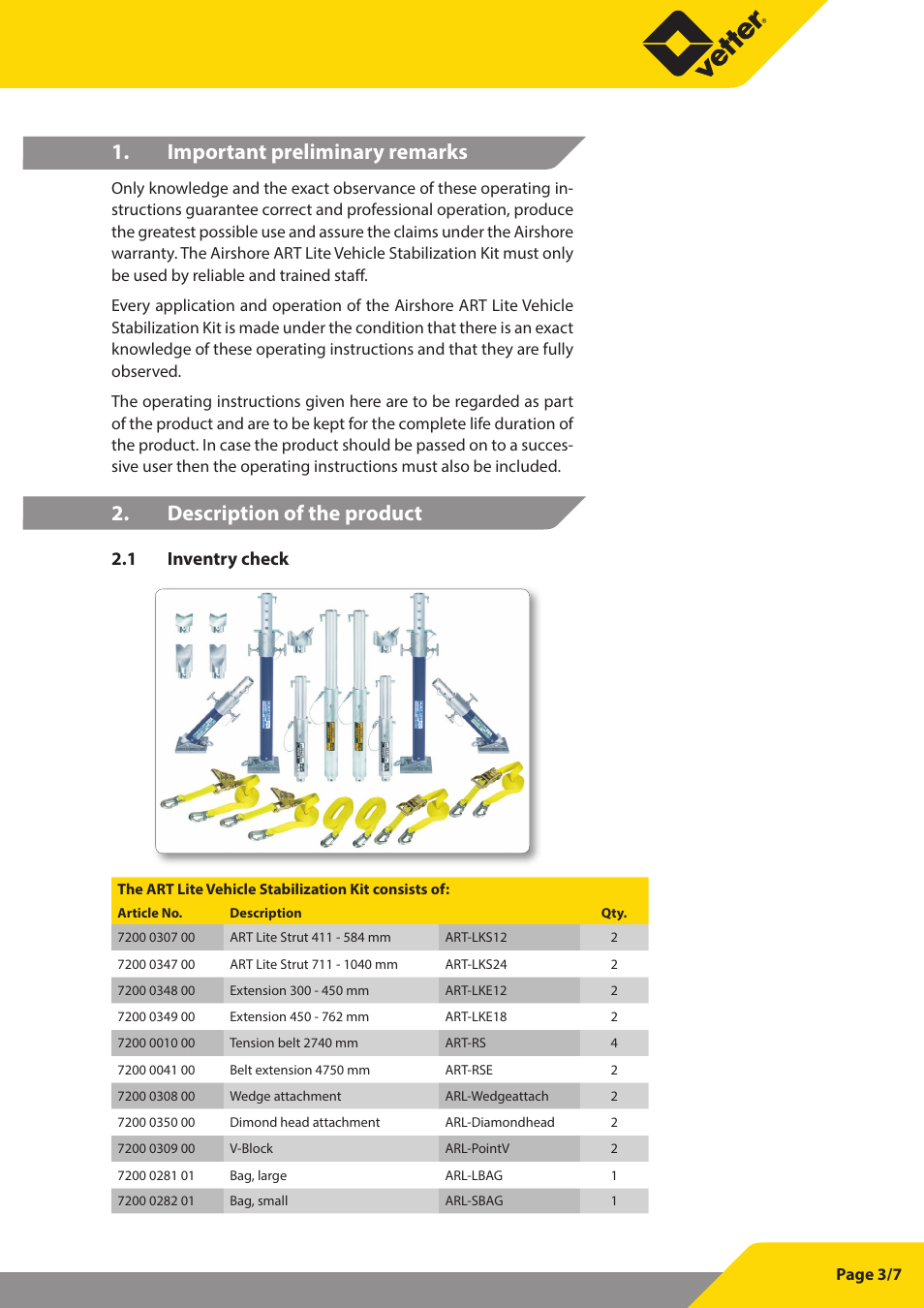 Important preliminary remarks, Description of the product, 1 inventry check | Vetter Lite Vehicle Stabilization Kit User Manual | Page 3 / 7