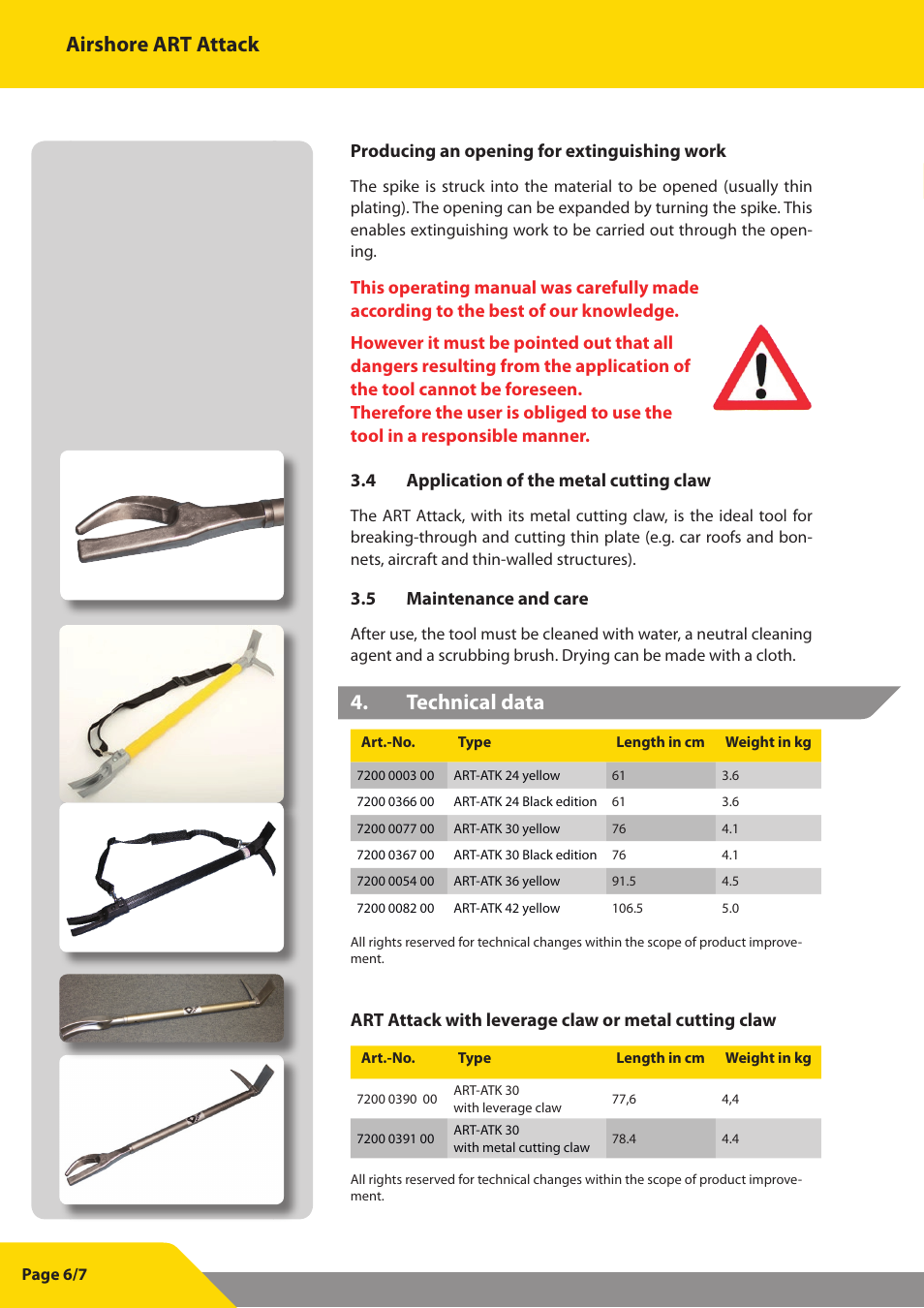 Airshore art attack, Technical data 4, Producing an opening for extinguishing work | Maintenance and care 3.5 | Vetter ART Attack User Manual | Page 6 / 7