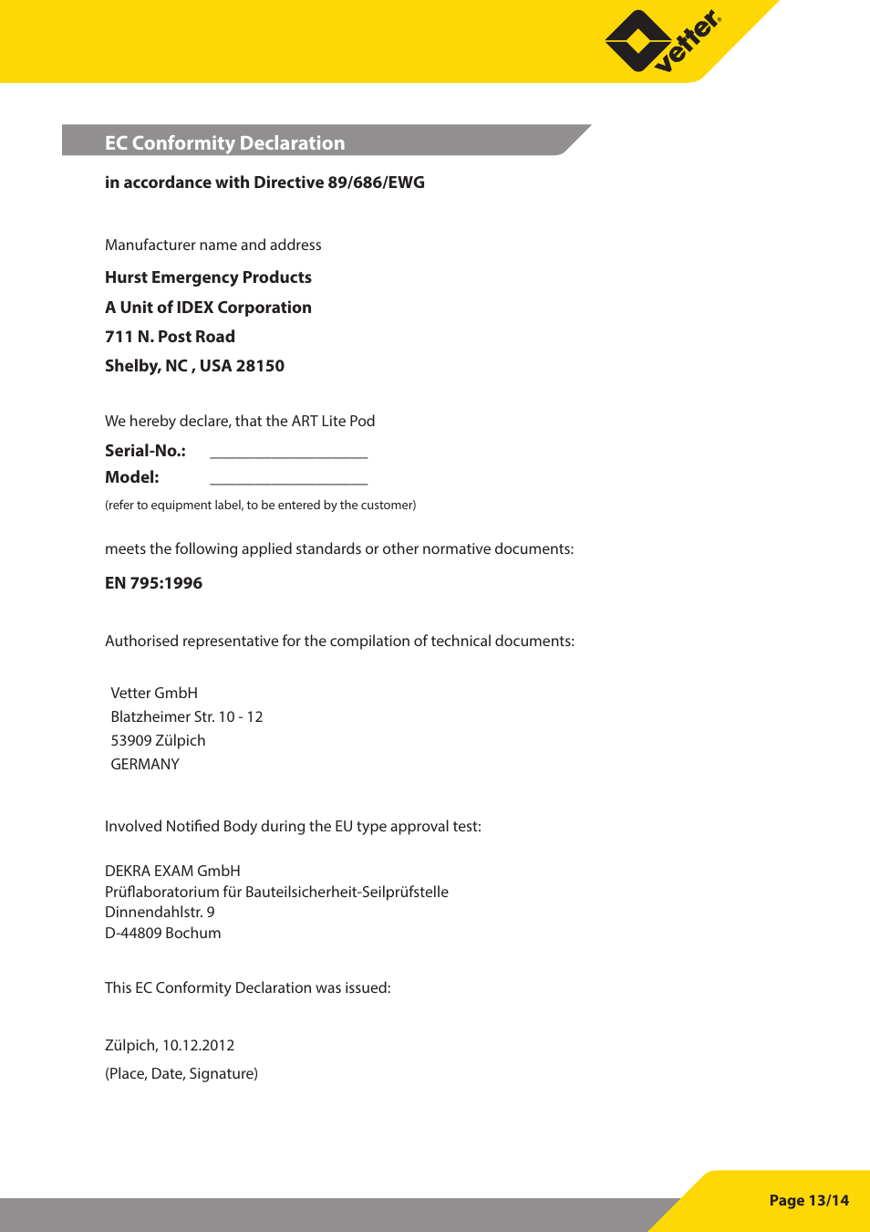Ec conformity declaration | Vetter Litepod ART-LP User Manual | Page 13 / 29