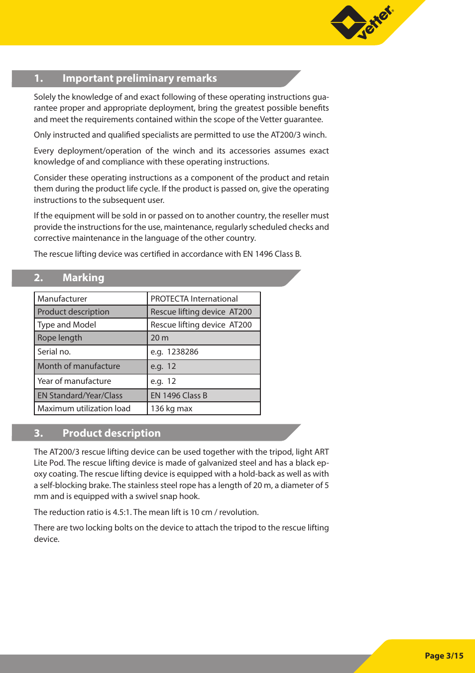 Important preliminary remarks, Marking, Product description | Vetter Litepod ART-LP User Manual | Page 17 / 29