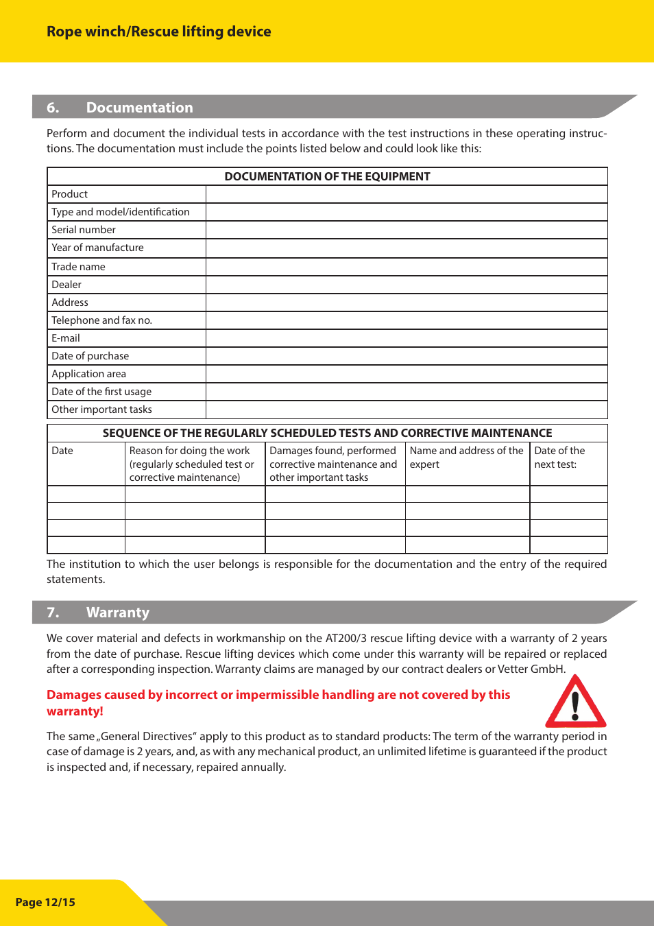 Rope winch/rescue lifting device 6. documentation, Warranty | Vetter Litepod ART-LP User Manual | Page 26 / 29