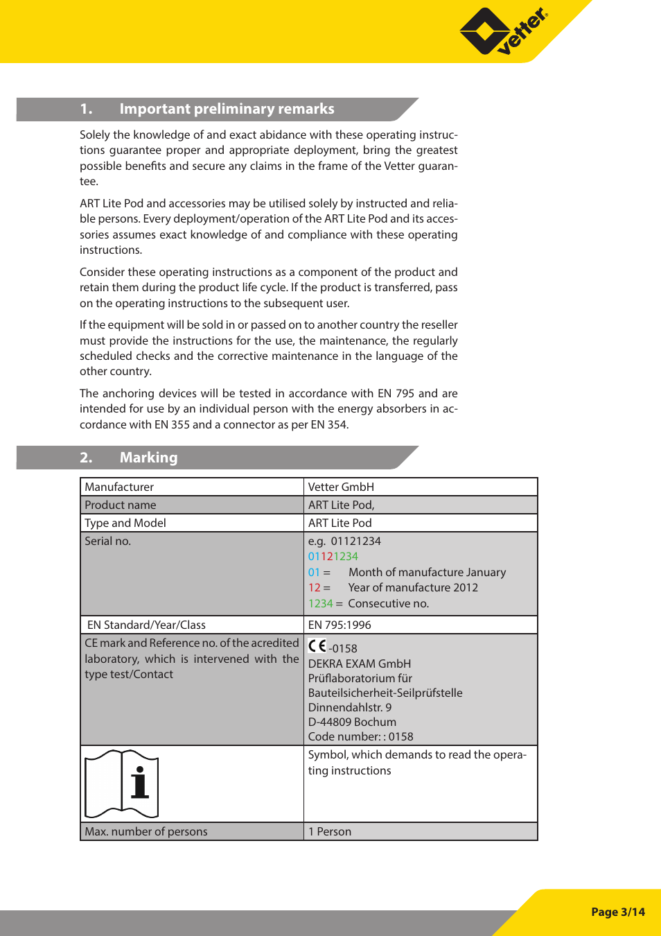 Important preliminary remarks, Marking | Vetter Litepod ART-LP User Manual | Page 3 / 29