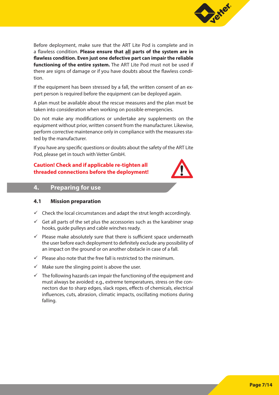 Preparing for use | Vetter Litepod ART-LP User Manual | Page 7 / 29