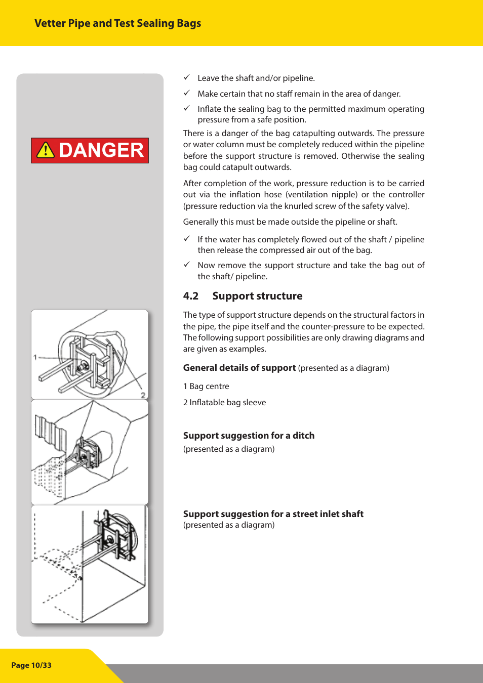 Vetter pipe and test sealing bags, 2 support structure | Vetter Pipe and Test Sealing Bags User Manual | Page 10 / 33