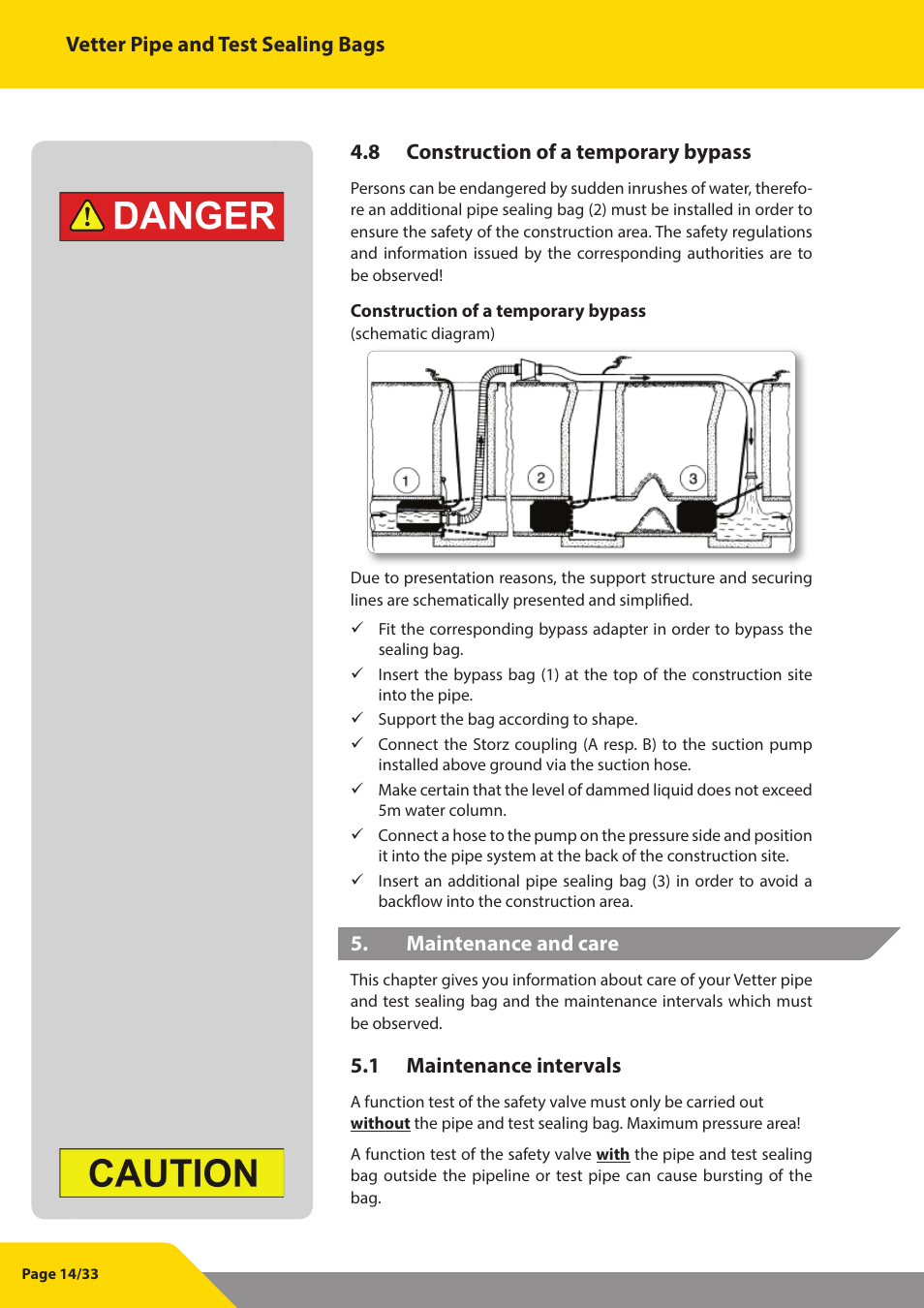 Vetter pipe and test sealing bags, 8 construction of a temporary bypass, Maintenance and care | 1 maintenance intervals | Vetter Pipe and Test Sealing Bags User Manual | Page 14 / 33