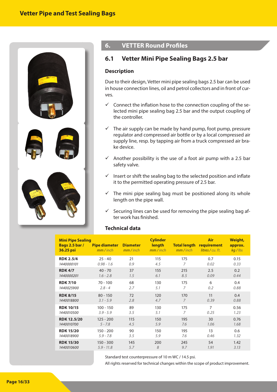 Vetter pipe and test sealing bags, Description, Technical data | Vetter Pipe and Test Sealing Bags User Manual | Page 16 / 33