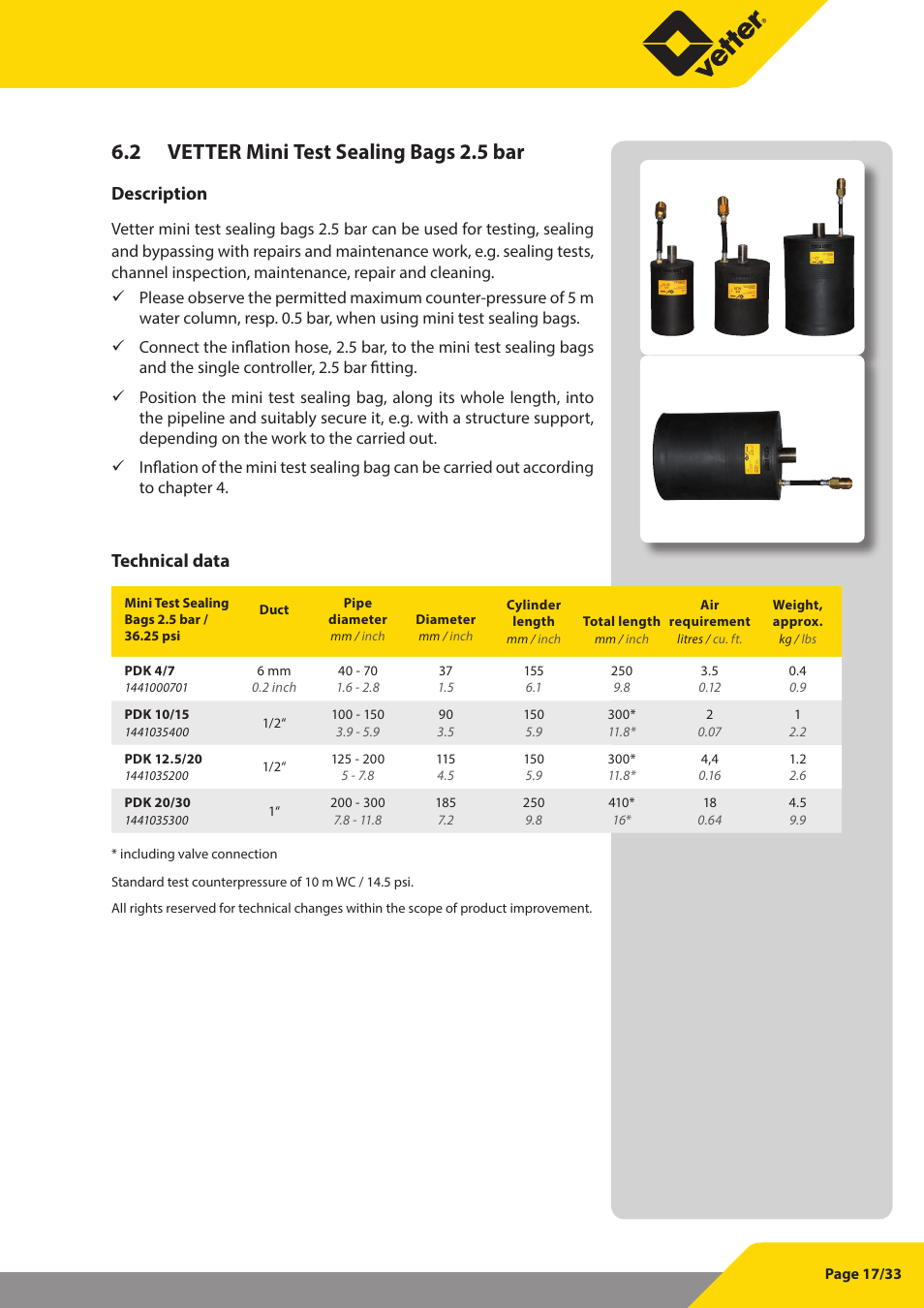 2 vetter mini test sealing bags 2.5 bar, Description, Technical data | Vetter Pipe and Test Sealing Bags User Manual | Page 17 / 33