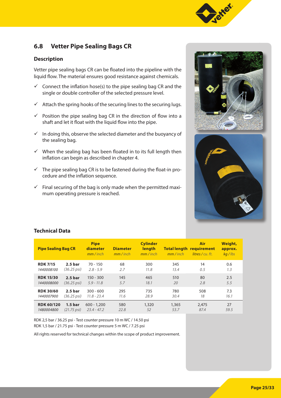 8 vetter pipe sealing bags cr, Description, Technical data | Vetter Pipe and Test Sealing Bags User Manual | Page 25 / 33